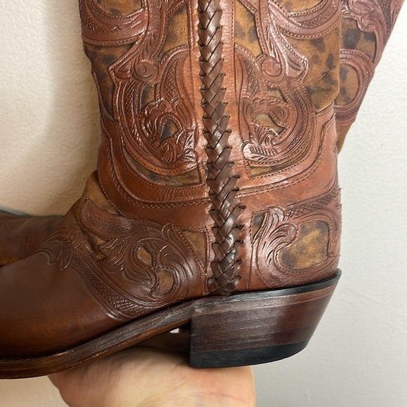 Lucchese | Women’s Whiskey Tooled Leather & Cheetah Cowgirl Boots Size 7 - Picture 6 of 10